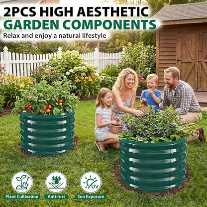 24" Diameter Round Raised Garden Bed - 17 Inch Tall, Heavy-Duty Galvanized Steel Planter Box with Wave-Shaped Panels for Vegetables, Herbs & Flowers (2, Green, 24 Inch Diameter)