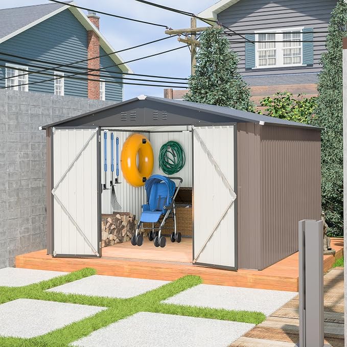 YOPTO 10 x 10 FT Outdoor Storage Shed,Heavy Duty Tool Sheds Metal Storage Garden Shed with Sloped Roof and Lockable Doors,Large Metal Storage Sheds for Backyard Patio Lawn, Brow