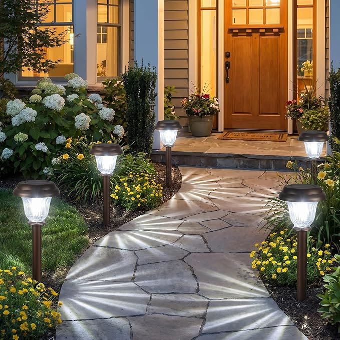 DERAYSION Solar Lights Outdoor, 6 Pack Brushed Stainless Steel Glass Solar Pathway Lights, Auto On/Off Long-Lasting Outdoor Solar Lights for Garden, Landscape, Path, Yard, 6000K Cold White