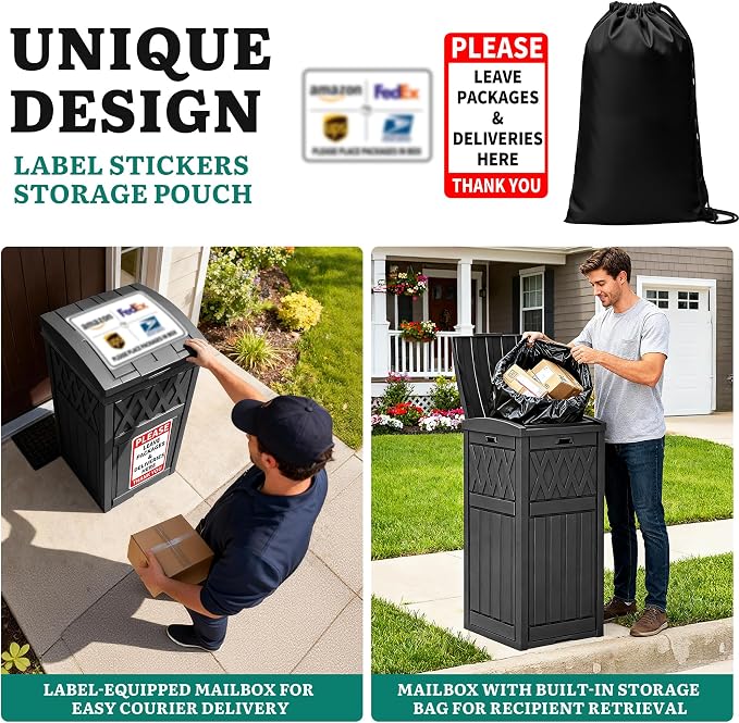 YITAHOME Package Delivery Box with Lift-Out Bag | 31 Gallon Waterproof Parcel Drop Box with Sign, Resin Porch Package Container for Curbside& Outdoor Use, Black