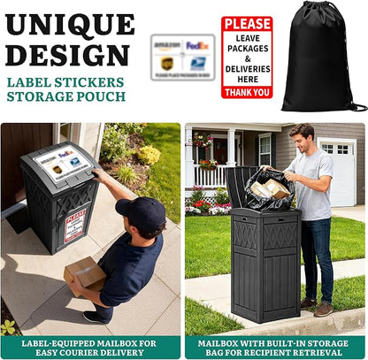 YITAHOME Package Delivery Box with Lift-Out Bag | 31 Gallon Waterproof Parcel Drop Box with Sign, Resin Porch Package Container for Curbside& Outdoor Use, Black