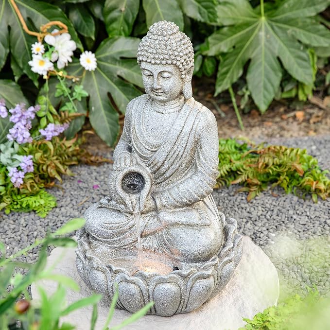Glitzhome 20.5" Zen Buddha Fountain, Outdoor Water Fountain with LED Light, Polyresin Stone Powder Concrete Finish Meditating Buddha Statue for Garden Patio Yard Deck, 4 Warm LED Lights