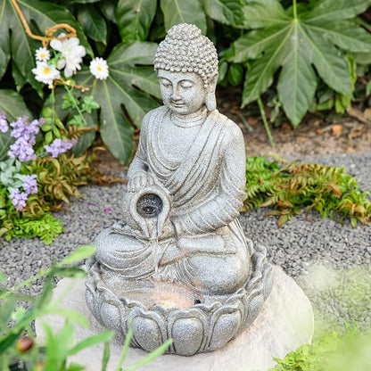 Glitzhome 20.5" Zen Buddha Fountain, Outdoor Water Fountain with LED Light, Polyresin Stone Powder Concrete Finish Meditating Buddha Statue for Garden Patio Yard Deck, 4 Warm LED Lights
