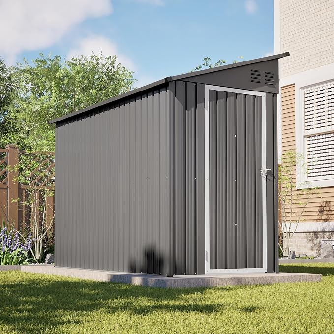 YOPTO 4×8 FT Lean to Metal Shed,Outdoor Heavy-Duty Storage Shed with Floor Base,All Weather Waterproof Garden Tool House W/Lockable Door&2 Air Vents,Reversible Door Design,for Backyard,Patio,Lawn,Gray