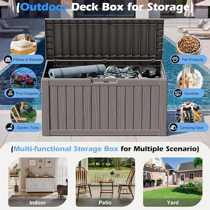 Outdoor Storage Box, 82 Gallon Resin Deck Boxes Outdoor Waterproof For Patio Furniture, Garden Tools, Pool Supplies, Lockable And UV Resistant (Striped Gray)