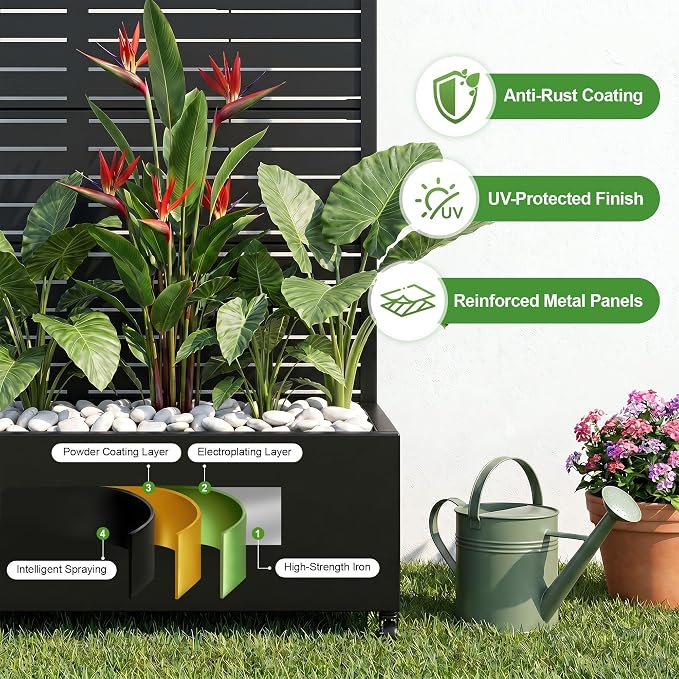 Casaphoria Metal Raised Garden Bed with Trellis and Wheels, 72"x47"x16" Planter Box for Climbing Plants, Vegetables & Vines, Features Drainage Holes and Privacy Screen (Black-Louver)