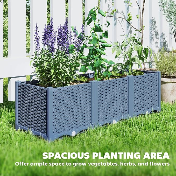 Outsunny 4 x 1 x 1 ft Raised Garden Bed, Indoor Outdoor Plastic Planter Box with Drainage Holes, Drain Plugs and Water Reservoirs for Vegetables, Herbs, Flowers & Succulents, Blue
