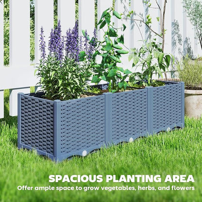 Outsunny 4 x 1 x 1 ft Raised Garden Bed, Indoor Outdoor Plastic Planter Box with Drainage Holes, Drain Plugs and Water Reservoirs for Vegetables, Herbs, Flowers & Succulents, Blue