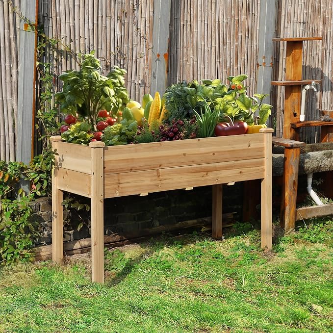 Yardenaler 48x24x30in Raised Garden Bed with Legs, Outdoor Elevated Wood Planted Box with Liner & Drainage Hole for Vegetable Flower, Backyard and Patio, Natural