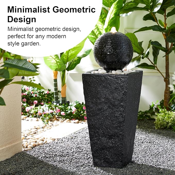 Glitzhome Outdoor Water Fountain with LED Light & Pump, Black Pedestal Sphere Fountain Decorative Water Fountains, Modern Waterfall Floor Fountain with Pebbles for Garden Patio Decor Porch, 31.75”H