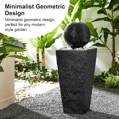 Glitzhome Outdoor Water Fountain with LED Light & Pump, Black Pedestal Sphere Fountain Decorative Water Fountains, Modern Waterfall Floor Fountain with Pebbles for Garden Patio Decor Porch, 31.75”H