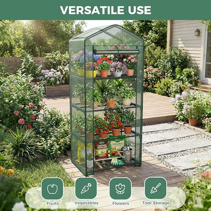 Sweetcrispy Mini Greenhouse with Roll-up Zipper Door Durable PE Cover, 27"x19"x63" 4 Tier, Small Greenhouse for Outdoors Indoor Balcony, Porch, Garden, Patio, Backyard Green Houses, Green
