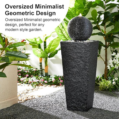 Glitzhome Outdoor Water Fountain with LED Light, Oversized Decorative Black Pedestal Water Fountains with Submersible Pump, Modern Sphere Floor Fountain with Pebbles for Garden Patio Decor, 40.25" H
