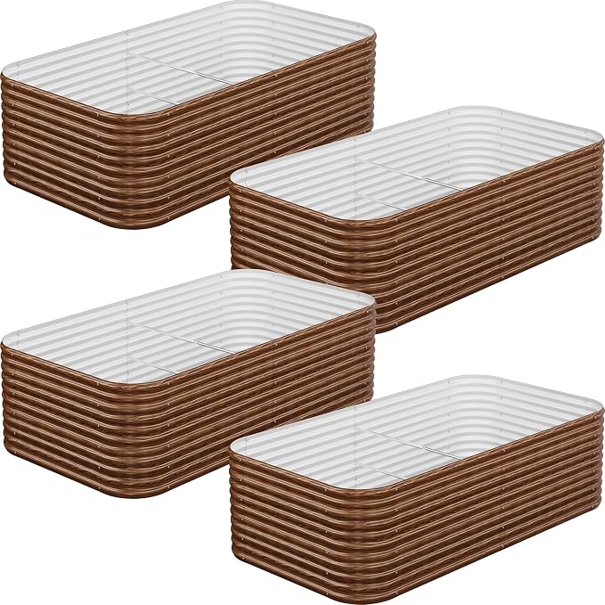 4 Pack Tall 8x4FT Brown Corrugated Galvanized Steel Raised Garden Bed Outdoor, Metal Above Ground Garden Bed for Vegetables and Flowers, Raised Beds for Gardening
