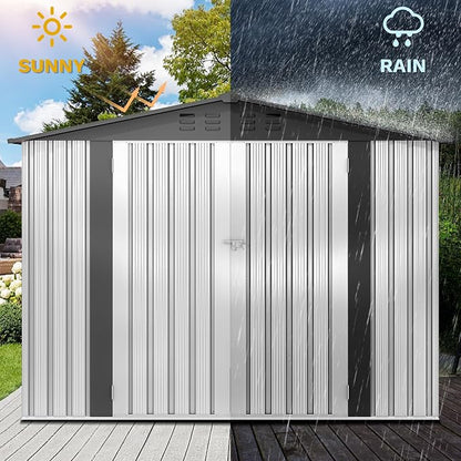 DWVO 7x5FT Outdoor Storage Shelter, Roomy Steel Tool Shed with Secure Entrances & Air Circulation for Patio, Lawn, and Backyard, Ideal for Storing Garden Gear, Lawn Tools, and Bikes, White