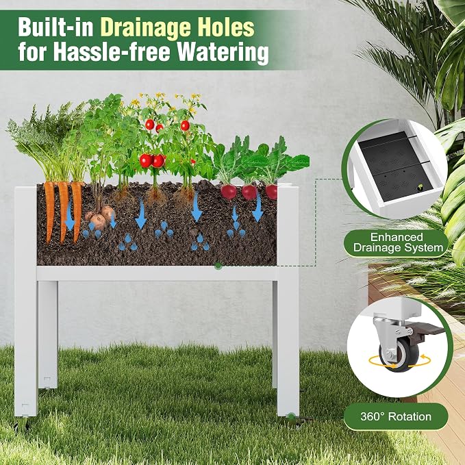 Elevated 26.3" Tall Raised Garden Bed with Wheels - Outdoor Mobile Resin Planter Box with Drainage Holes for Vegetables Flower Herbs, Weather Resistant, Medium Ashen (26.3" h)