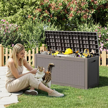 Outdoor Storage Box, 60 Gallon Resin Deck Boxes Outdoor Waterproof For Patio Furniture, Garden Tools, Pool Supplies, Lockable And UV Resistant (Rattan Gray)