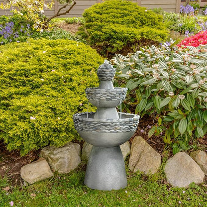 Teamson Home 36.5 in. Outdoor 3-Tier Zen-Style Pedestal Water Fountain in. with Stone Trim with Pump and 2.64 Gallon Capacity, Stone Gray | 3-Tier Garden Fountain, Stone Look, With Pump, Pedestal Waterfall Feature
