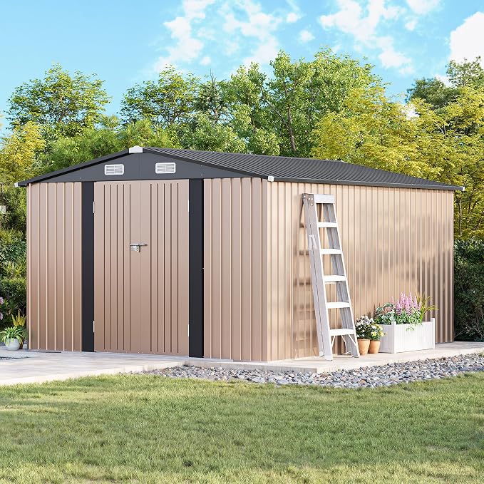 MXV 12 x 10FT Outdoor Storage Shed, Metal Garden Shed with Windows, Double Lockable Doors & Sloped Roof, Waterproof Tool Sheds for Backyard Garden Patio Lawn, Brown