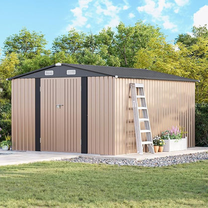 MXV 12 x 10FT Outdoor Storage Shed, Metal Garden Shed with Windows, Double Lockable Doors & Sloped Roof, Waterproof Tool Sheds for Backyard Garden Patio Lawn, Brown