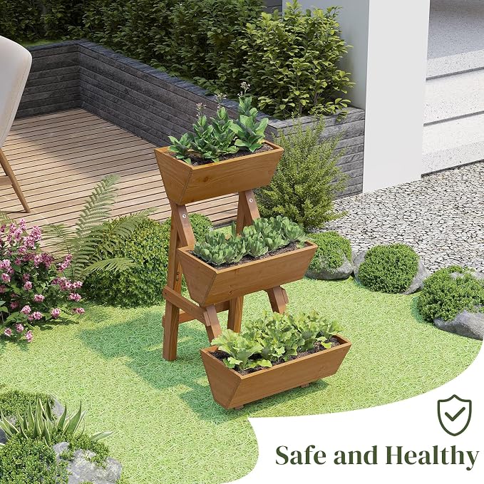 3-Tier Wooden Vertical Raised Garden Bed with Legs, Tiered Planter Box, Vertical Garden Planter,Wood Plant Stand Wood Flower Rack for Patio, Balcony, Freestanding (Brown-Small)