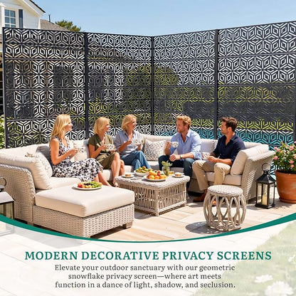 72" Steel Privacy Screen, Freestanding Laser Cut Divider for Patio | 72"x44" Laser Cut Snowflake Steel Panel. Weatherproof & Rustproof. creen Divider for Balcony, Patio, Deck & Garden