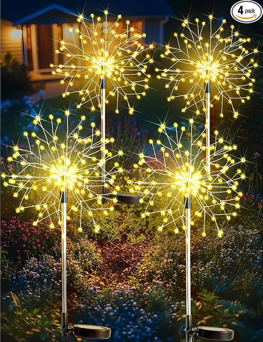 suddus Solar Garden Lights Outdoor Waterproof Decorative, 4Pack 150LED Firework Lights, Solar Fairy Lights for Yard, Garden, Patio, Pathway, Flowerbed, Party, Wedding Outside Decor- Warm White
