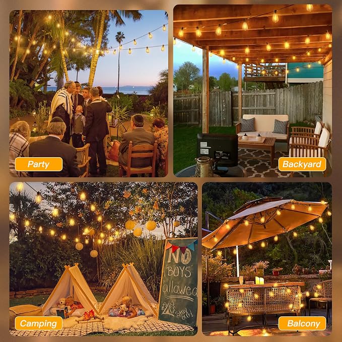 Ollny S11 50FT Outdoor String Lights with Remote, 3 Modes Dimmable Timers Waterproof Connectable Outside Lights, 24+2 LED Spare Bulbs Dusk to Dawn Hanging Light for Yard Balcony Camping Gazebo Garden