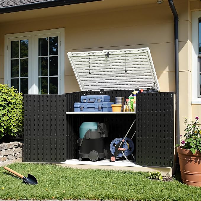 Greesum Outdoor Trash Can Storage Shed, 34 Cu.ft Waterproof Horizontal Storage Shed, Portable Horizontal Resin Storage Shed for Garden, Backyard, Patio, Dark Black