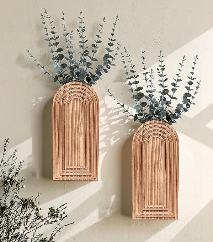 DREAMLOOM 2 Pack Wooden Wall Vases with Eucalyptus Artificial Plants, Wall Hanging Planters Boho Modern Farmhouse Indoor for Narrow Spaces Entryway Bathroom Home Office Decoration, Retro