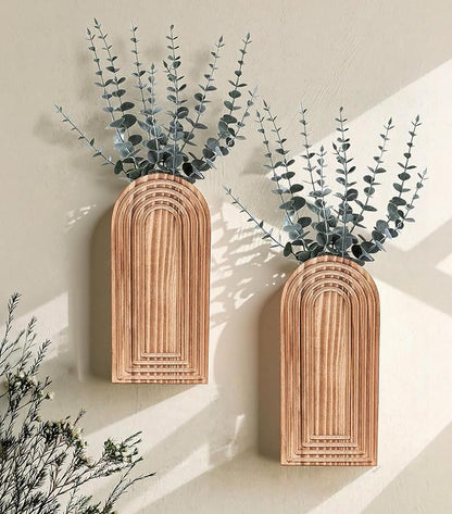 DREAMLOOM 2 Pack Wooden Wall Vases with Eucalyptus Artificial Plants, Wall Hanging Planters Boho Modern Farmhouse Indoor for Narrow Spaces Entryway Bathroom Home Office Decoration, Retro