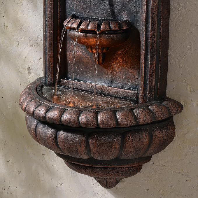 Teamson Home 32.1 in. Wall-Mounted Lion Head Stone LED Outdoor Water Fountain for Gardens, Landscaping, Patios, Balconies, Lawns to Create a Calming Oasis in Outdoor Living Spaces, Antique Bronze | Lion Head, Tiered Water Feature, LED Light, For Garden...