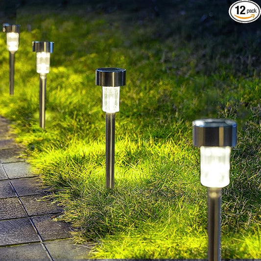 GIGALUMI Solar Pathway Lights, Stainless Steel IP44 Waterproof Auto On/Off Outdoor LED Solar Landscape Lights for Garden, Yard, Patio, Path and Walkway(12 Pack, Cold White)