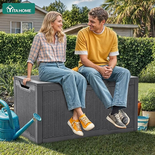 YITAHOME 100 Gallon Resin Deck Box | Weather Resistant Outdoor Storage Box, Lockable Indoor Outdoor Storage for Supplies and Essentials, Dark Gray