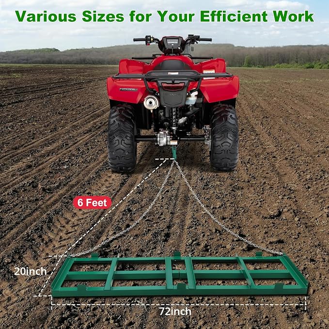 GarveeTech 6 ft Drag Harrow Driveway Grader, Heavy Duty Power Rake with 6 ft Chain, Tow Behind Lawn Rake for ATV, UTV, Tractor, Mower, Land Leveler for Gravel, Sand, Soil, Hay