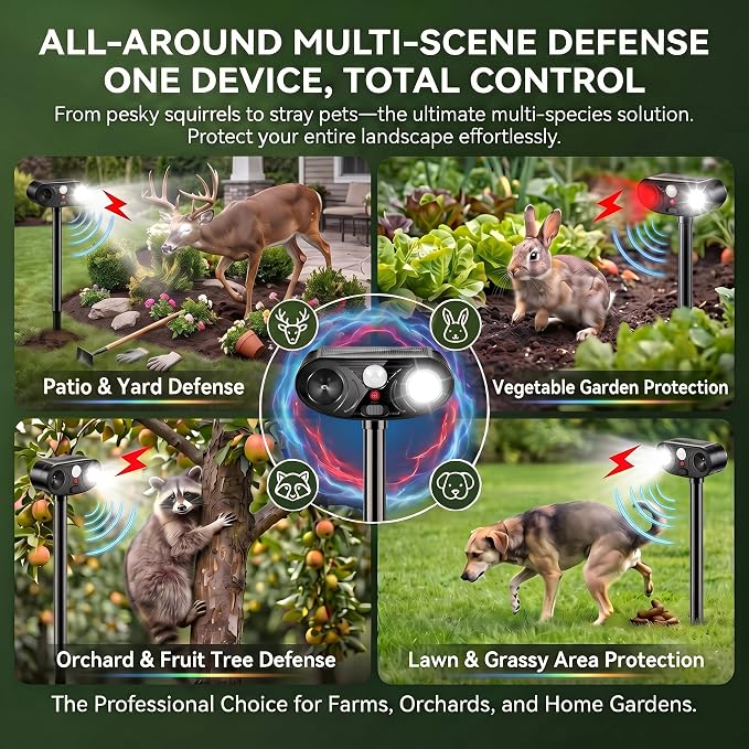 2026 Upgraded Solar Ultrasonic Animal Repellent Deer Cat Squirrel Deterrent Devices Motion Activated with LED Strobe Light Repeller Keep Dog Raccoon Skunk Rabbit Away from Yard Garden Farm 4 Pack