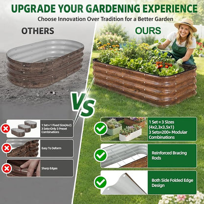3 Pcs Raised Garden Beds Outdoor, 17" Tall 3-in-1 Modular 4x2ft Galvanized Metal Planter Box with Bracing Rods and Gloves for Vegetables Flowers Herbs, Grain