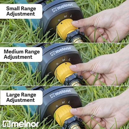 Melnor 65151AMZ Oscillating Sprinkler, Covers Up to 3,000 Sq. Ft., Small Medium Large Coverage Adjustment, 15 Precision Nozzles, Quick Connect Bundle, Green, Yellow