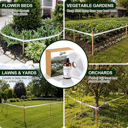 Deer Fence, Deer Tape and Deers Repellent for Plants, 300Ft Deers Ribbon with 100ml Natural Peppermint Spray Concentrate, Dual Action Visual & Scent Garden Barrier for Yard, Orchard, Vegetables