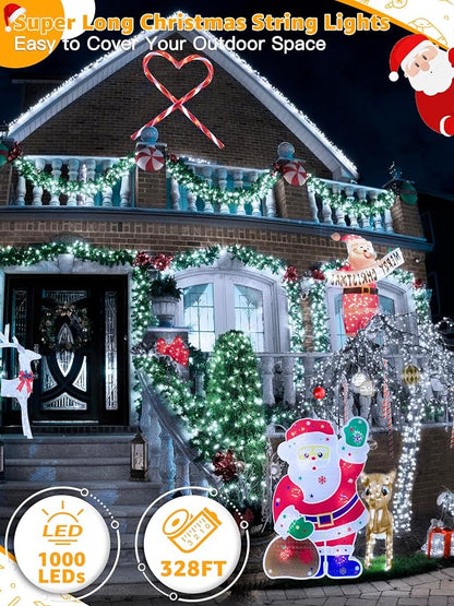 BrightChristmas 1000 LED 328 FT Outdoor String Lights with Remote and Timer, Dimmable with 8 Modes, Waterproof, Cool White Fairy Lights for Christmas Tree & Holiday Decor