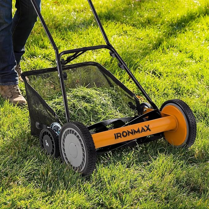 IRONMAX 18 Inch 5-Blade Push Reel Lawn Mower, 9-Level Adjustable Cutting Heights, Removable Grass Catcher, Lightweight No Motor Walk-Behind Manual Grass Cutter for Garden Yard Park (Orange, 18 Inch)