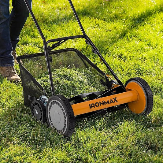 IRONMAX 18 Inch 5-Blade Push Reel Lawn Mower, 9-Level Adjustable Cutting Heights, Removable Grass Catcher, Lightweight No Motor Walk-Behind Manual Grass Cutter for Garden Yard Park (Orange, 18 Inch)