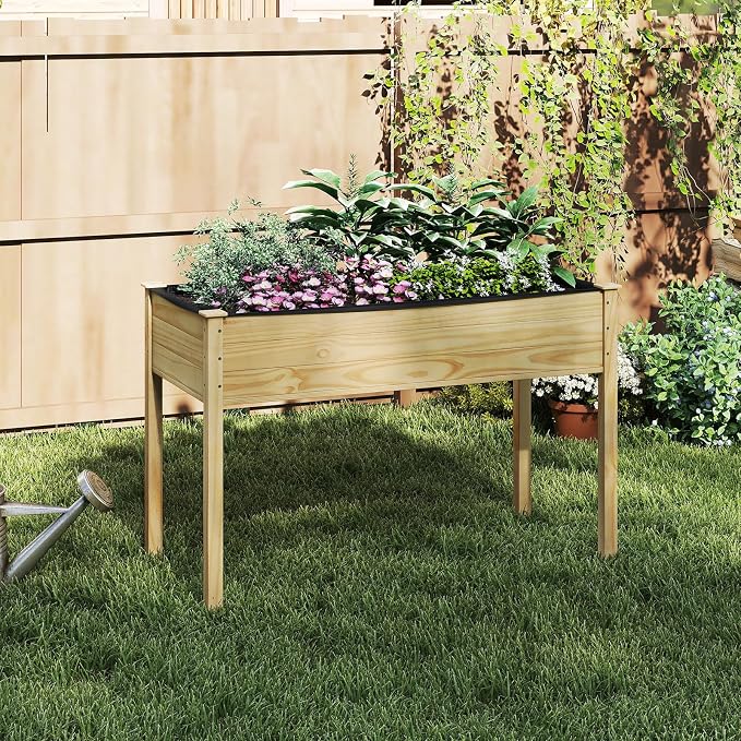 S AFSTAR 2 Pieces Wooden Raised Garden Bed with Legs, Planter Box with Liner & Drainage Holes for Vegetable Flower Herb, Indoor Outdoor Elevated Gardening Box for Backyard Patio Balcony