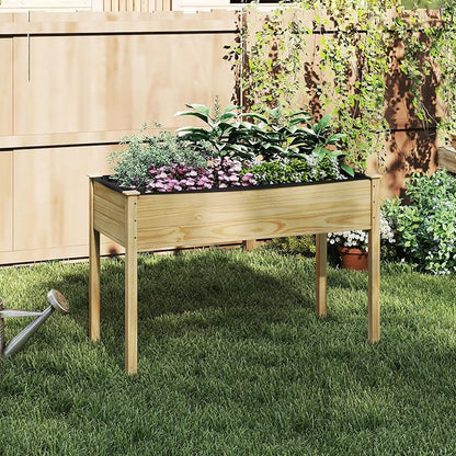 S AFSTAR 2 Pieces Wooden Raised Garden Bed with Legs, Planter Box with Liner & Drainage Holes for Vegetable Flower Herb, Indoor Outdoor Elevated Gardening Box for Backyard Patio Balcony