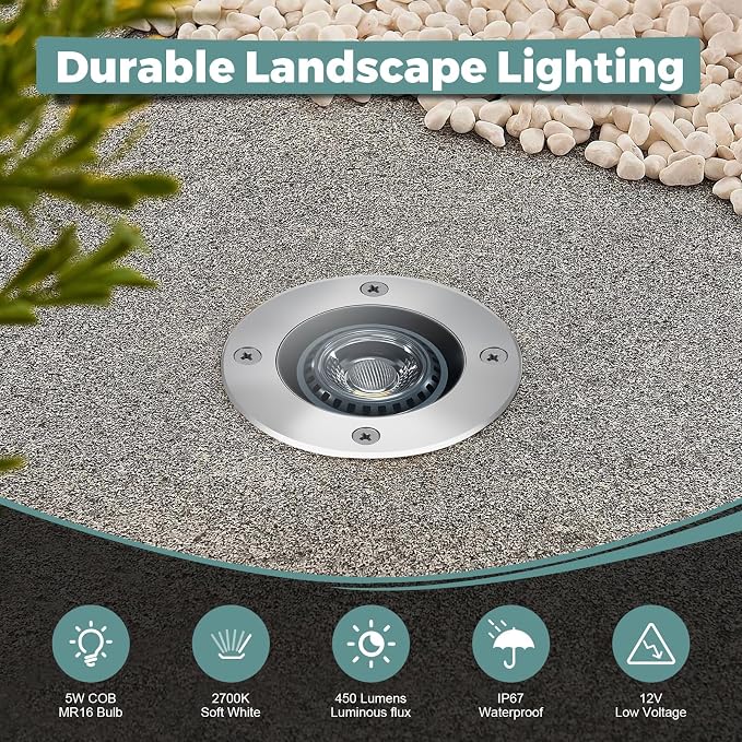 Gardencoin Low Voltage Landscape LED Well Lights, 12V in Ground Lights Outdoor IP67 Waterproof, 5" Tall Wired Landscape Up Lighting, Included Replaceable 5W 2700K MR16 Bulb Dimmable, 6 Pack