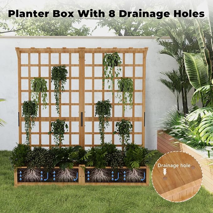 Two-Tier Wooden Planter Box with Trellis, Elevated Raised Garden Bed for Flowers and Vegetables, 1.4 Ft Deep Pot with Roof & Drainage