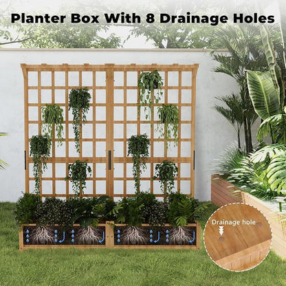 Two-Tier Wooden Planter Box with Trellis, Elevated Raised Garden Bed for Flowers and Vegetables, 1.4 Ft Deep Pot with Roof & Drainage