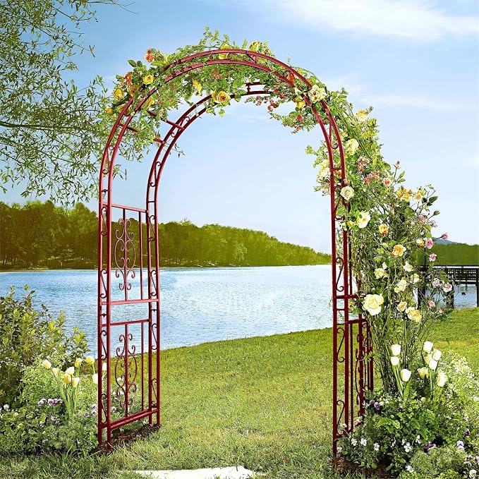Plow & Hearth Arch Metal Outdoor Garden Arbor, 84 inches Tall, Iron Trellis Lattice for Climbing Plants, Wedding Arch, Outdoor Patio Décor (Red)