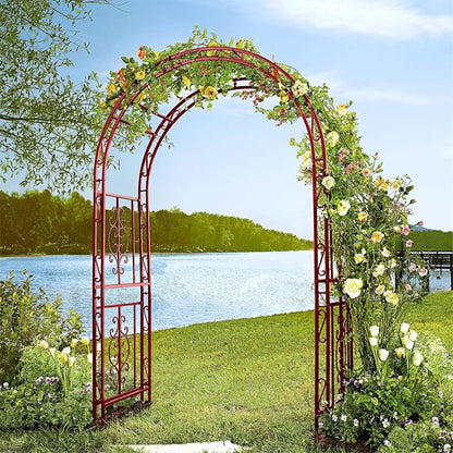 Plow & Hearth Arch Metal Outdoor Garden Arbor, 84 inches Tall, Iron Trellis Lattice for Climbing Plants, Wedding Arch, Outdoor Patio Décor (Red)