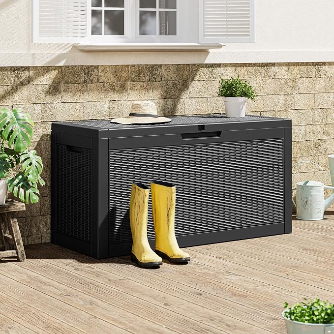 Outdoor Storage Box, 72 Gallon Resin Deck Boxes Outdoor Waterproof For Patio Furniture, Garden Tools, Pool Supplies, Lockable And UV Resistant (Rattan Black)